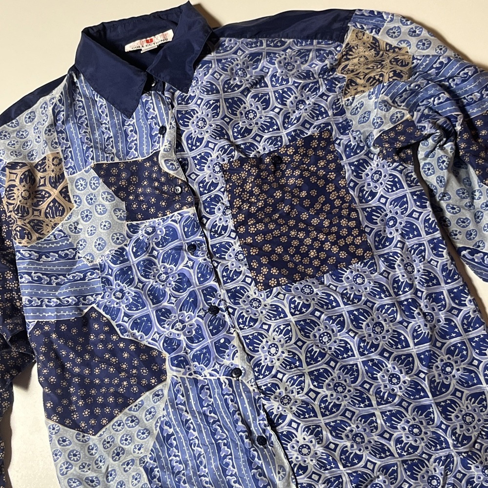 Vtg Stunt Collections 100% Silk Blouse Size M Blue Patchwork Style Button Up Top
